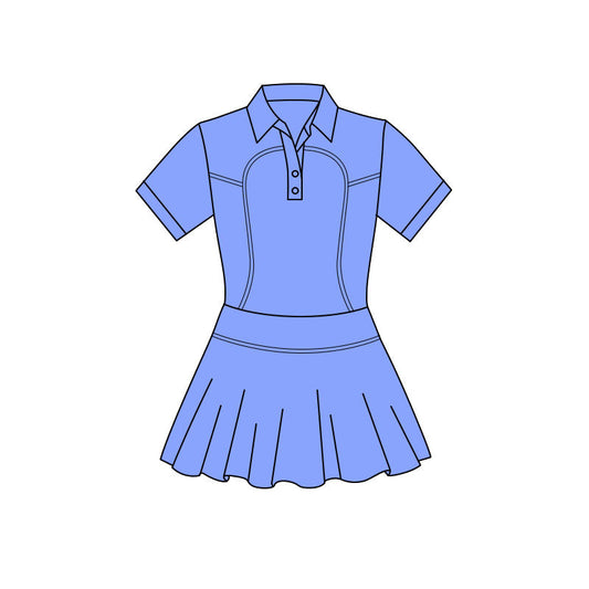 ( Moq 5 ) Preorder Baby Girls Short Sleeves Buttons Yoga Blue Knee Length Dress