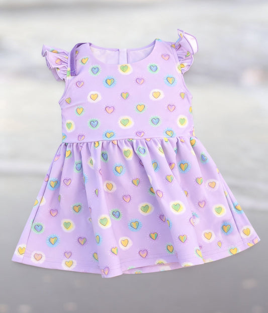 ( Moq 5 ) Preorder Baby Girls Kids Short Sleeves Hearts Valentine Purple Knee Length Dress