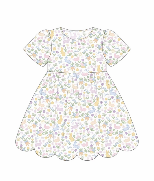 ( Moq 5 ) Preorder Baby Girls Short Sleeves Rabbits Carrots Floral Easter Knee Length Dress