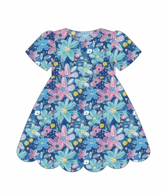( Moq 5 ) Preorder Baby Girls Kids Short Sleeves Flower Knee Length Dress