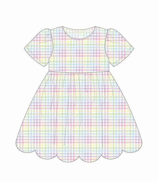 ( Moq 5 ) Preorder Baby Girls Short Sleeves Plaid Knee Length Dress