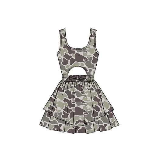 ( Moq 5 ) Preorder Baby Girls Sleeveless Dark Grey Camo Bow Yoga Shorts Southern Dress