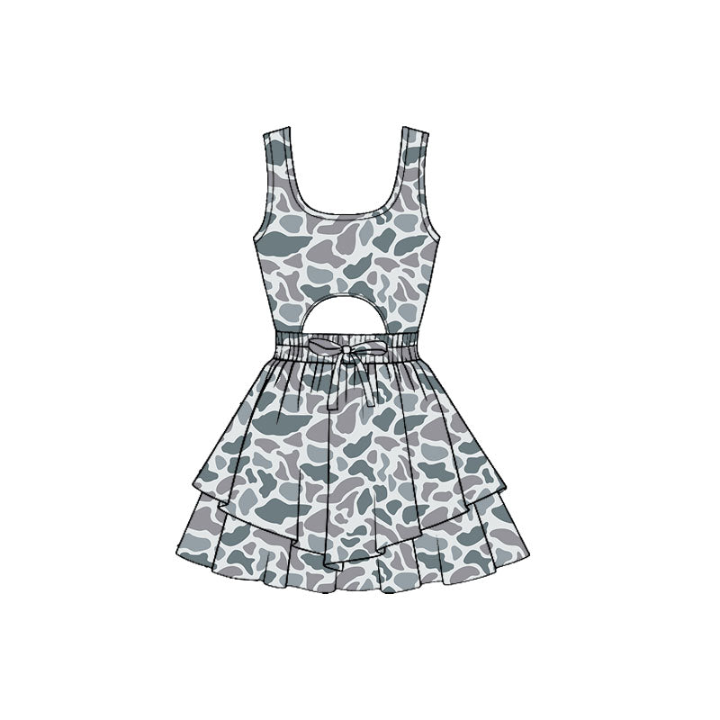 ( Moq 5 ) Preorder Baby Girls Sleeveless Grey Camo Bow Yoga Shorts Dress