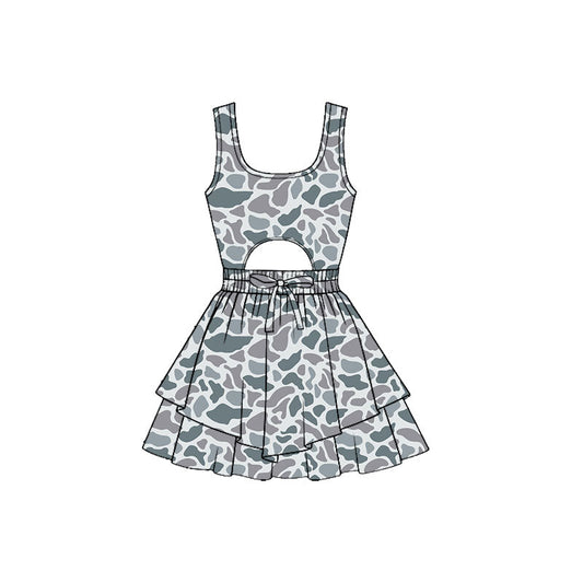 ( Moq 5 ) Preorder Baby Girls Sleeveless Grey Camo Bow Yoga Shorts Dress