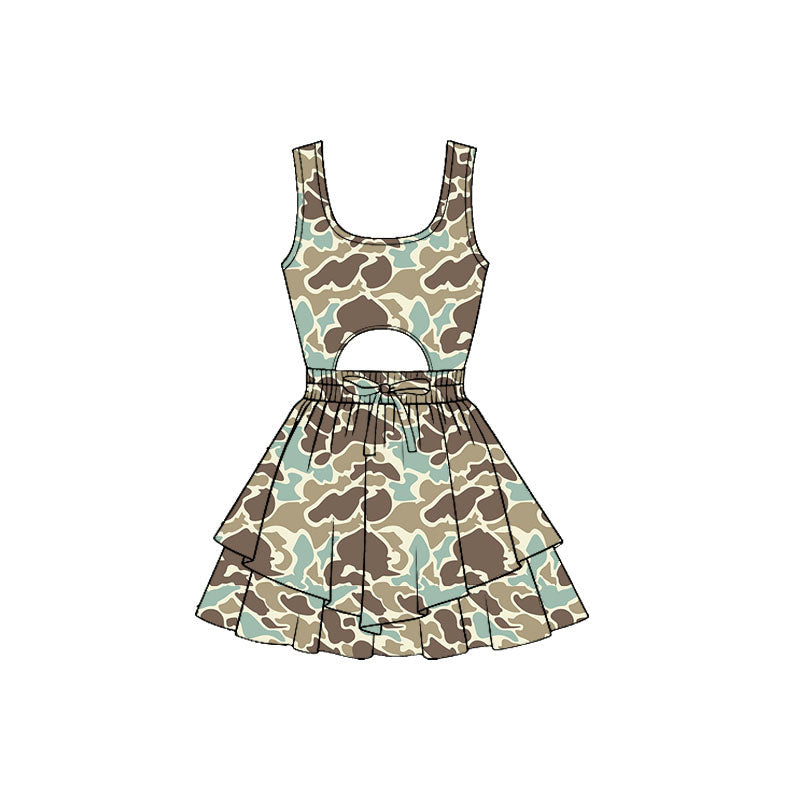 ( Moq 5 ) Preorder Baby Girls Sleeveless Camo Bow Yoga Shorts Southern Dress