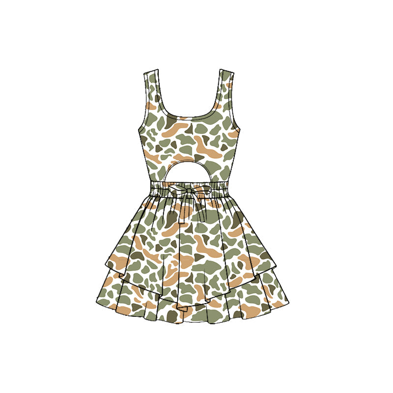 ( Moq 5 ) Preorder Baby Girls Sleeveless Orange Green Camo Ruffle Yoga Shorts Dress