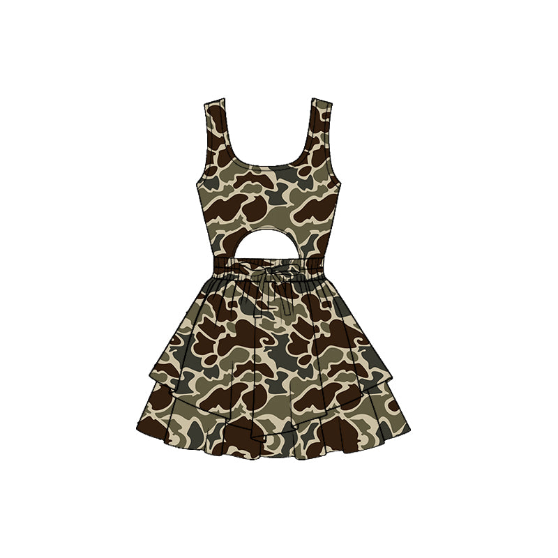 ( Moq 5 ) Preorder Baby Girls Sleeveless Dark Green Camo Bow Yoga Shorts Southern Dress
