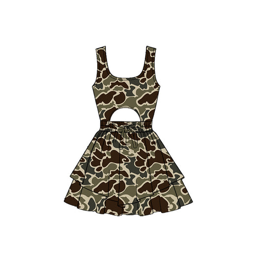 ( Moq 5 ) Preorder Baby Girls Sleeveless Dark Green Camo Bow Yoga Shorts Southern Dress