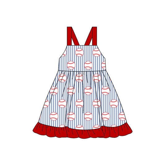 ( Moq 5 ) Preorder Baby Girls Straps Baseballs Stripes Ruffle Knee Length Dress