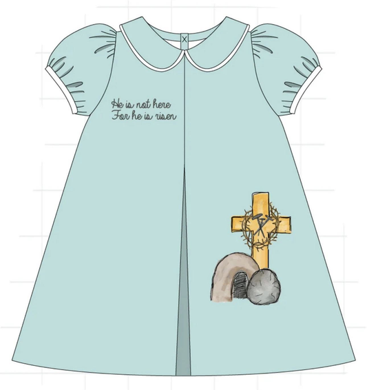 ( Moq 5 ) Preorder Baby Girls Green Short Sleeves Cross Easter Knee Length Dress