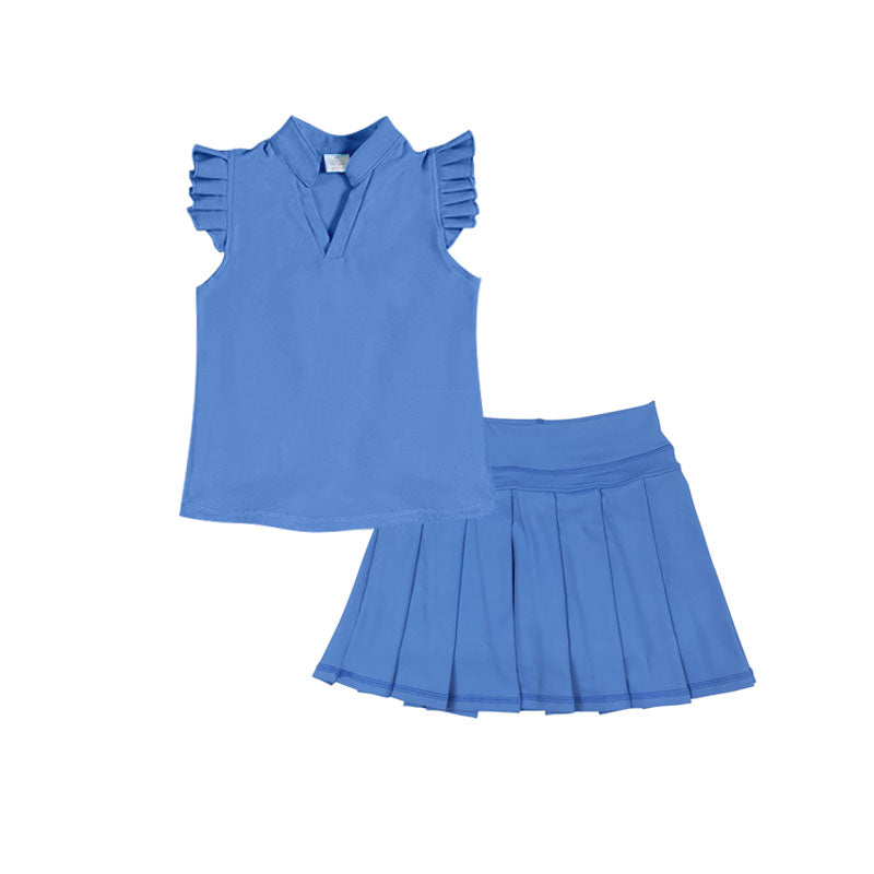 ( Moq 5 ) Preorder Baby Girls Short Sleeves Shirt Shorts Skirt Yoga Dark Blue Clothes Set