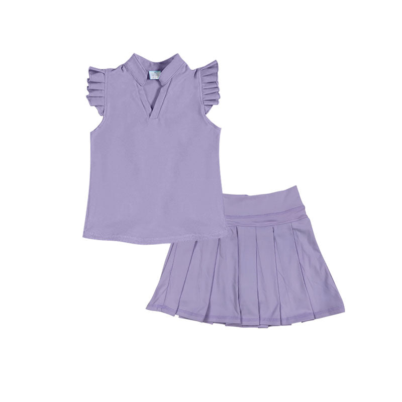 ( Moq 5 ) Preorder Baby Girls Short Sleeves Shirt Shorts Skirt Yoga Purple Clothes Set