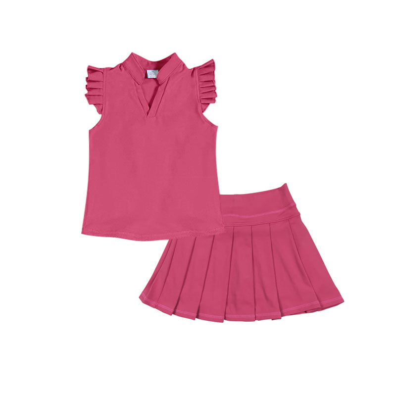 ( Moq 5 ) Preorder Baby Girls Short Sleeves Shirt Shorts Skirt Yoga Hot Pink Clothes Set