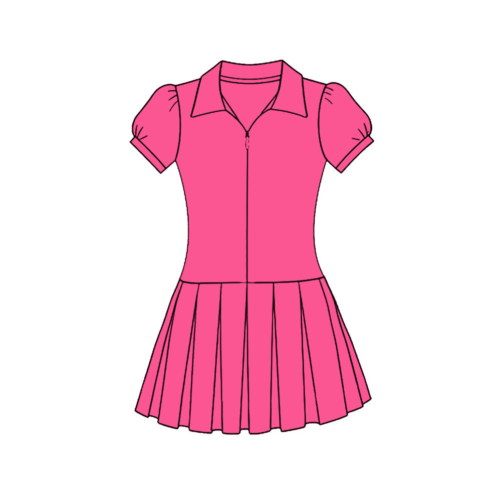( Moq 5 ) Preorder Baby Girls Kids Hot Pink Short Sleeves Zipper Yoga Knee Length Dress