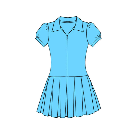 ( Moq 5 ) Preorder Baby Girls Kids Blue Short Sleeves Zipper Yoga Knee Length Dress