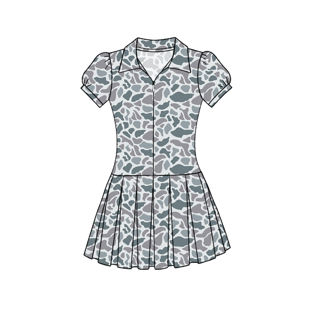( Moq 5 ) Preorder Baby Girls Short Sleeves Grey Camo Zipper Yoga Knee Length Dress