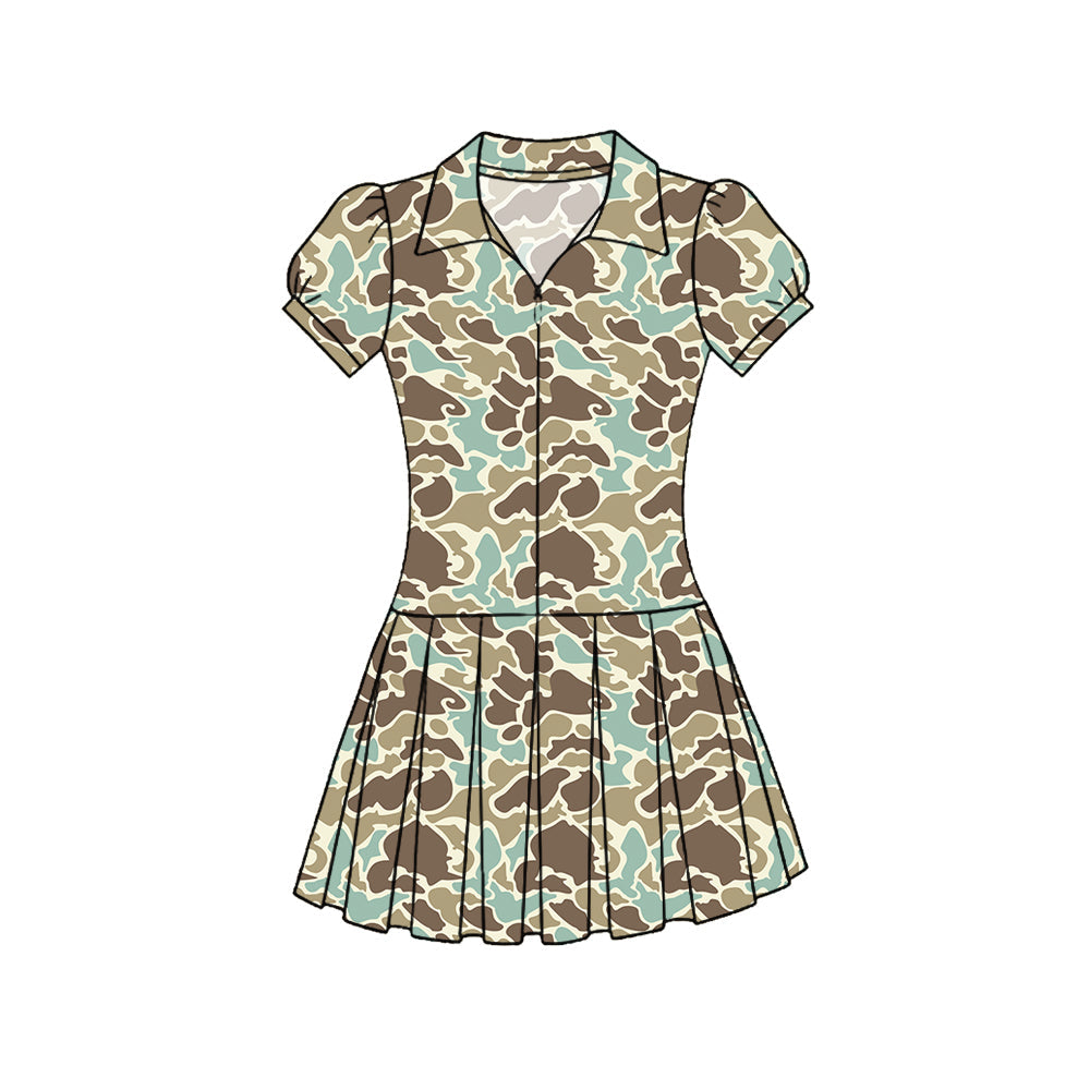 ( Moq 5 ) Preorder Baby Girls Short Sleeves Green Camo Zipper Yoga Knee Length Dress
