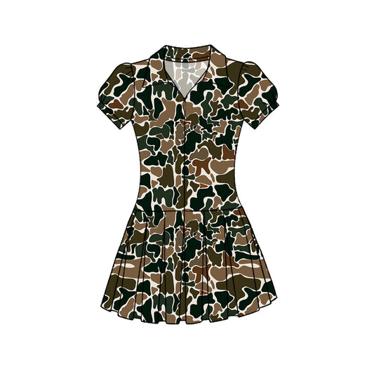 ( Moq 5 ) Preorder Baby Girls Short Sleeves Brown Green Camo Zipper Yoga Knee Length Dress
