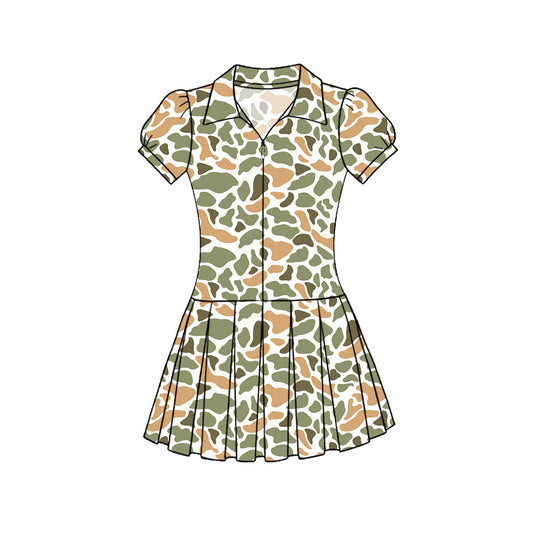 ( Moq 5 ) Preorder Baby Girls Short Sleeves Orange Green Camo Zipper Yoga Knee Length Dress