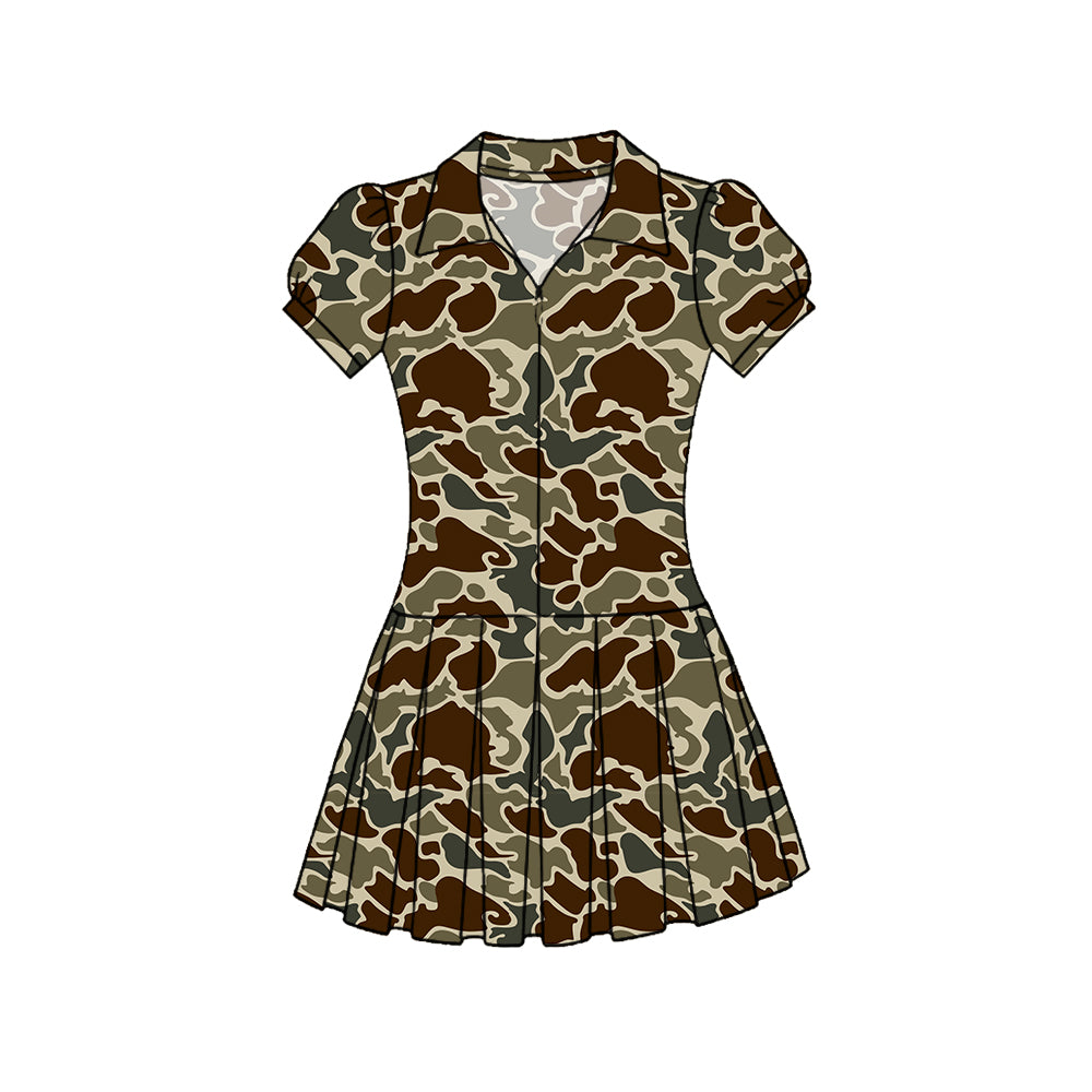 ( Moq 5 ) Preorder Baby Girls Kids Short Sleeves Camo Zipper Yoga Knee Length Dress
