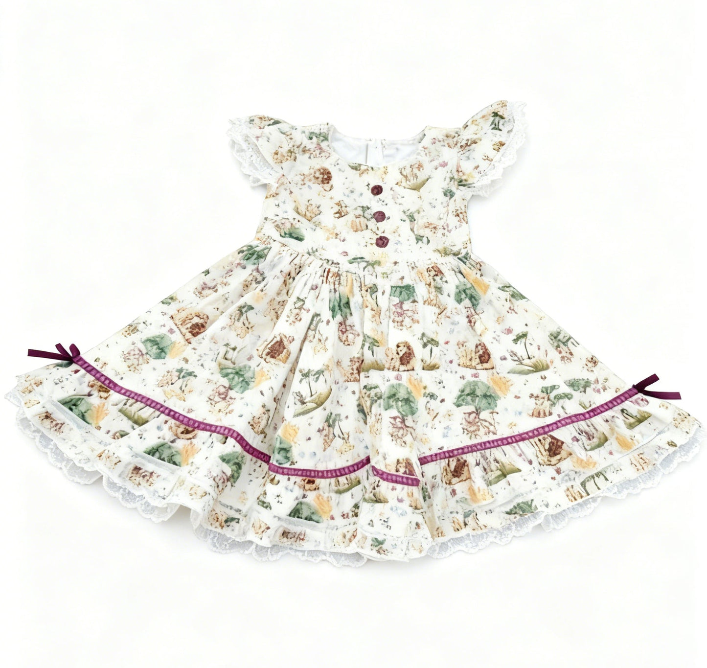 ( Moq 5 ) Preorder Baby Girls Short Sleeves Lions Cartoon Buttons Ruffle Knee Length Dress
