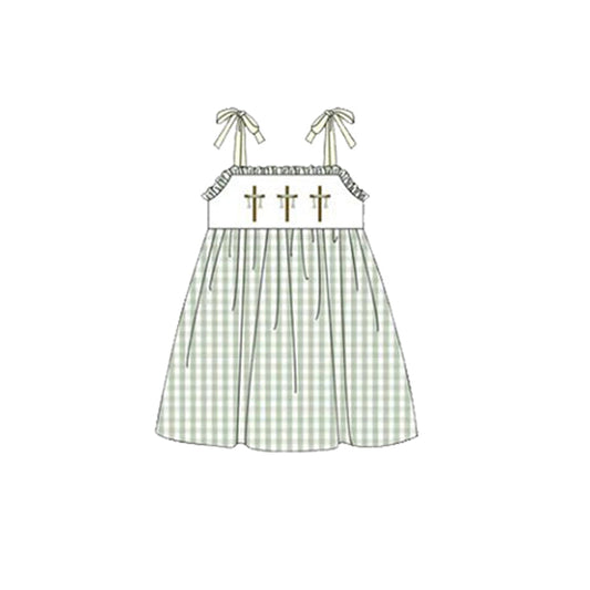 ( Moq 5 ) Preorder Baby Girls Kids Straps Crosses Plaid Easter Knee Length Dress
