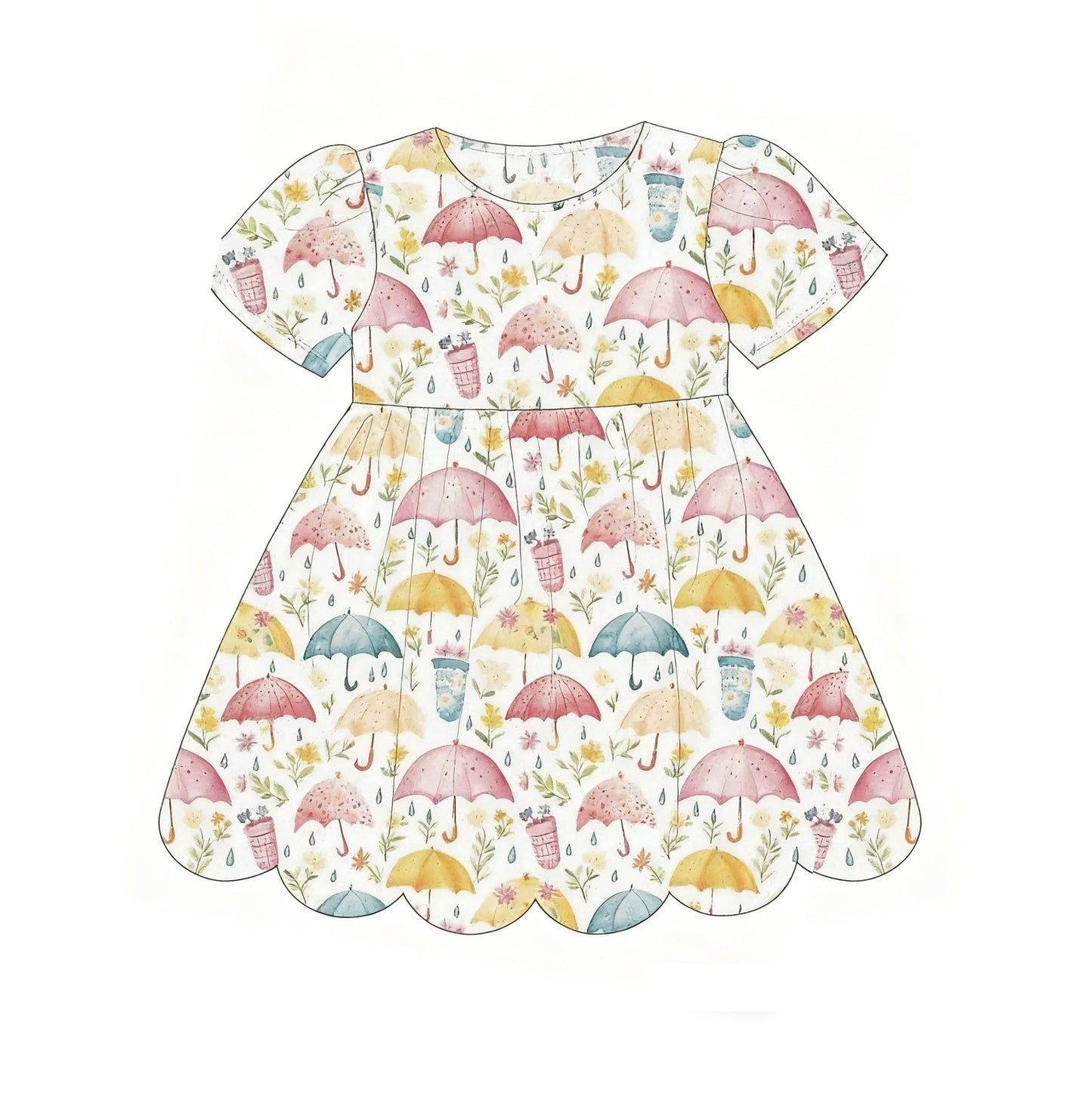 ( Moq 5 ) Preorder Baby Girls Short Sleeves Flowers Umbrellas Knee Length Dress
