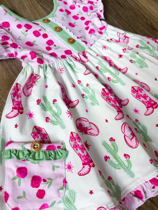 ( Moq 5 ) Preorder Baby Girls Short Sleeves Cactus Boots Pockets Western Knee Length Dress