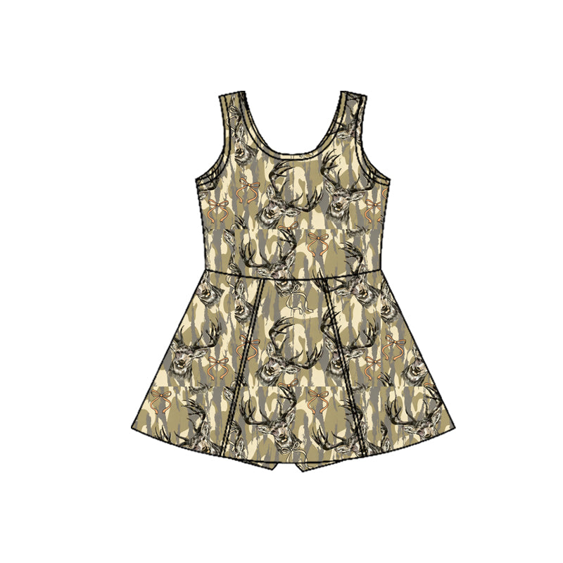 ( Moq 5 ) Preorder Baby Girls Sleeveless Deer Bows Camo Hunting Shorts Yoga Dress