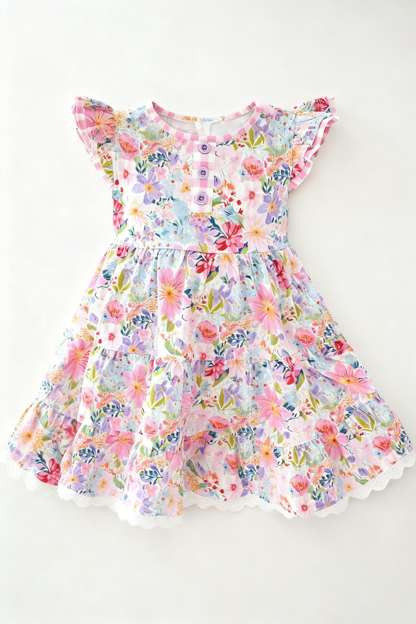 ( Moq 5 ) Preorder Baby Girls Short Sleeves Flower Buttons Ruffle Knee Length Dress