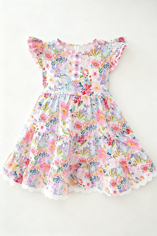 ( Moq 5 ) Preorder Baby Girls Short Sleeves Flower Buttons Ruffle Knee Length Dress