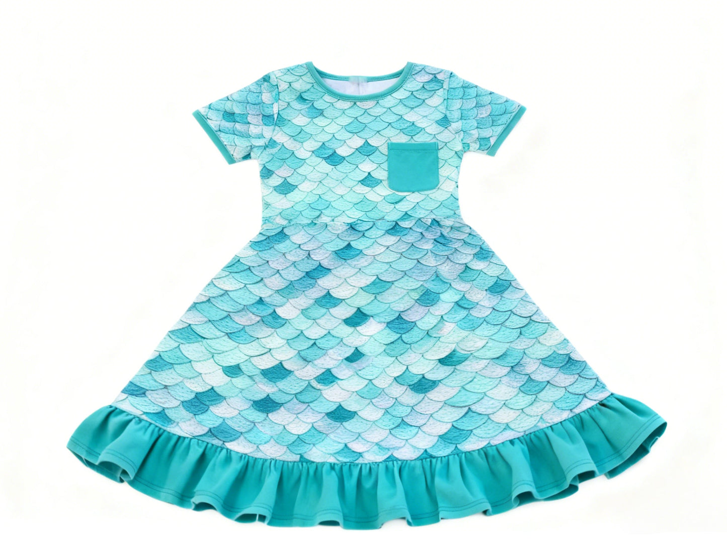 ( Moq 5 ) Preorder Baby Girls Short Sleeve Mermaid Pocket Ruffle Knee Length Dress