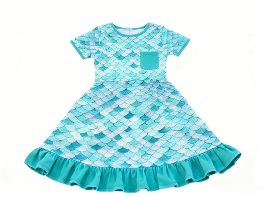 ( Moq 5 ) Preorder Baby Girls Short Sleeve Mermaid Pocket Ruffle Knee Length Dress