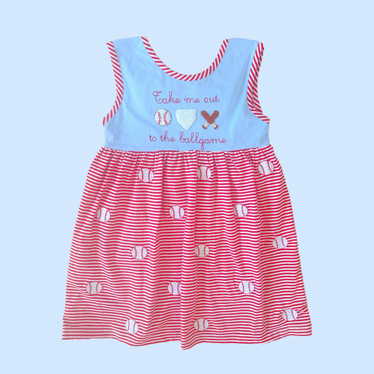 ( Moq 5 ) Preorder Baby Girls Sleeveless Baseballs Red Stripes Knee Length Dress