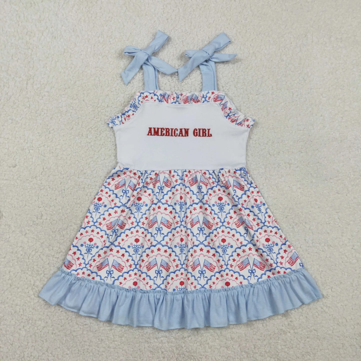 Sibling Baby Girls Kids Flags Bows Stars 4th of July Knee Length Dresses Embroidery Clothes RTS