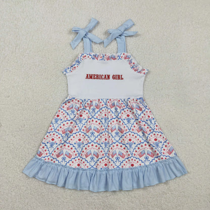 Sibling Baby Girls Kids Flags Bows Stars 4th of July Knee Length Dresses Embroidery Clothes RTS