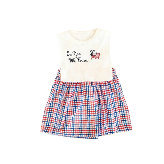 ( Moq 5 ) Preorder Baby Girls Sleeveless Flag Plaid 4th of July Knee Length Dress