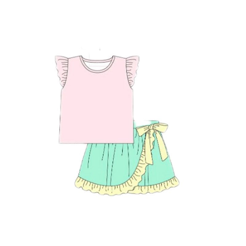 ( Moq 5 ) Preorder Baby Girls Pink Short Sleeves Shirt Bow Ruffle Skirt Clothes Set