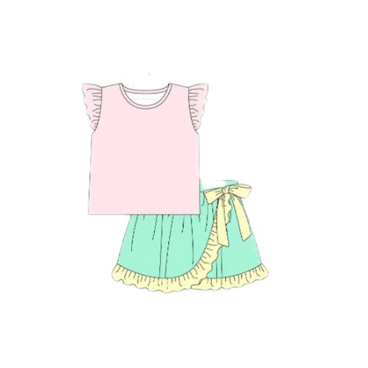 ( Moq 5 ) Preorder Baby Girls Pink Short Sleeves Shirt Bow Ruffle Skirt Clothes Set