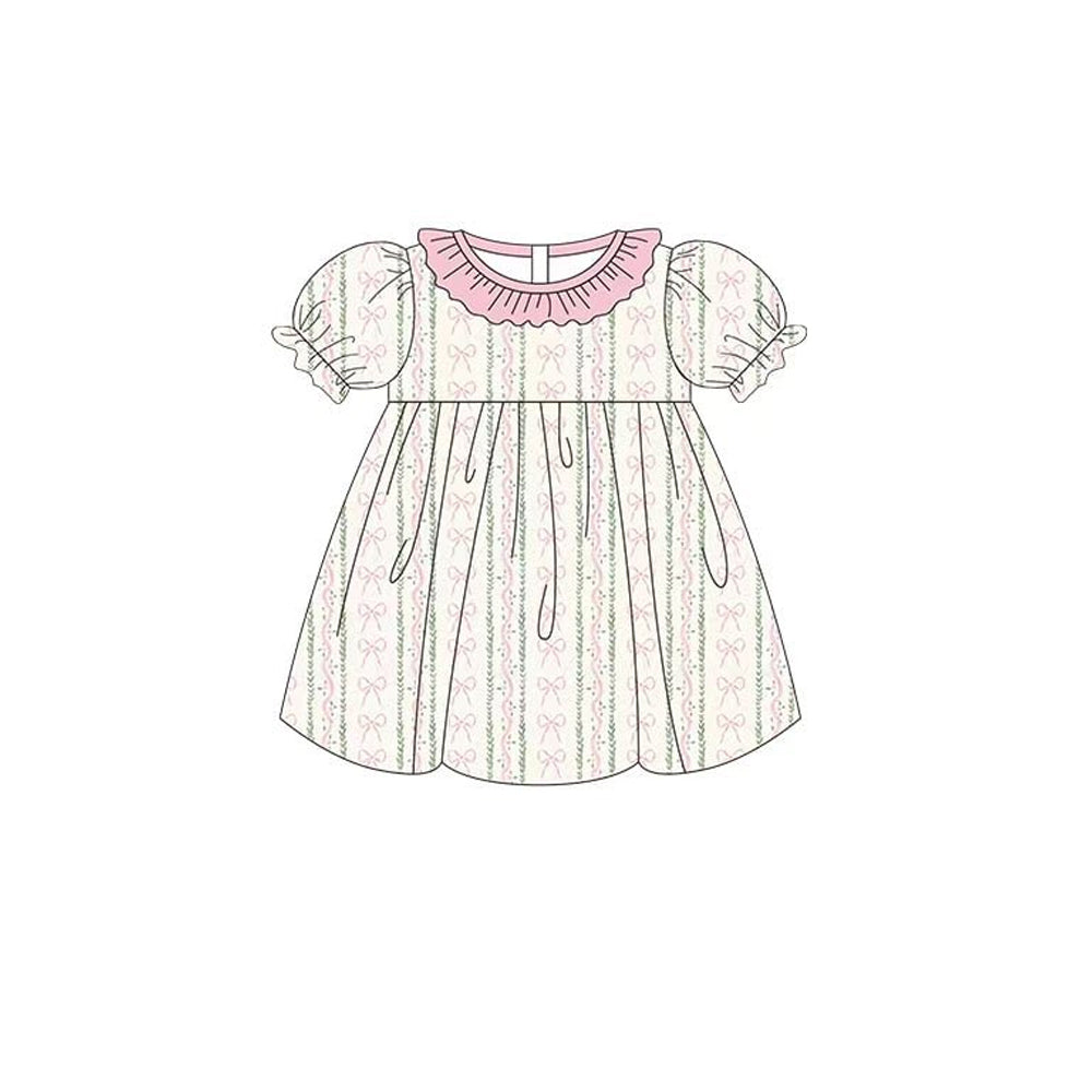 ( Moq 5 ) Preorder Baby Girls Toddler Short Sleeves Bows Ruffle Knee Length Dress