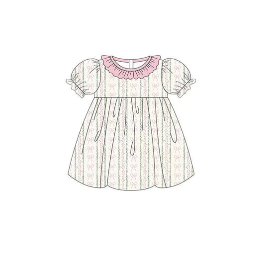 ( Moq 5 ) Preorder Baby Girls Toddler Short Sleeves Bows Ruffle Knee Length Dress
