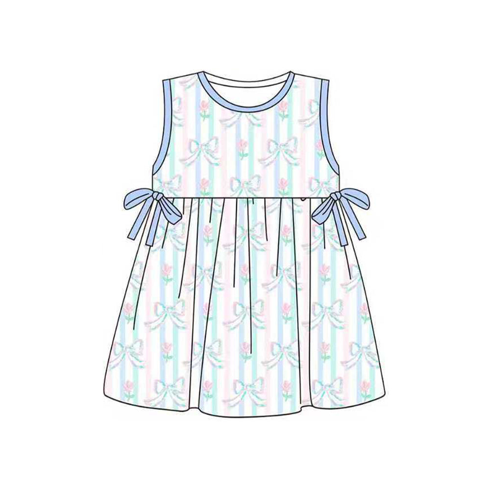 ( Moq 5 ) Preorder Baby Girls Sleeveless Flowers Bows Stripes Knee Length Dress