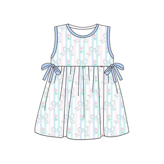 ( Moq 5 ) Preorder Baby Girls Sleeveless Flowers Bows Stripes Knee Length Dress