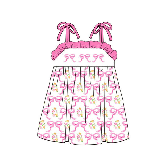 ( Moq 5 ) Preorder Baby Girls Pink Straps Bows Floral Knee Length Dress