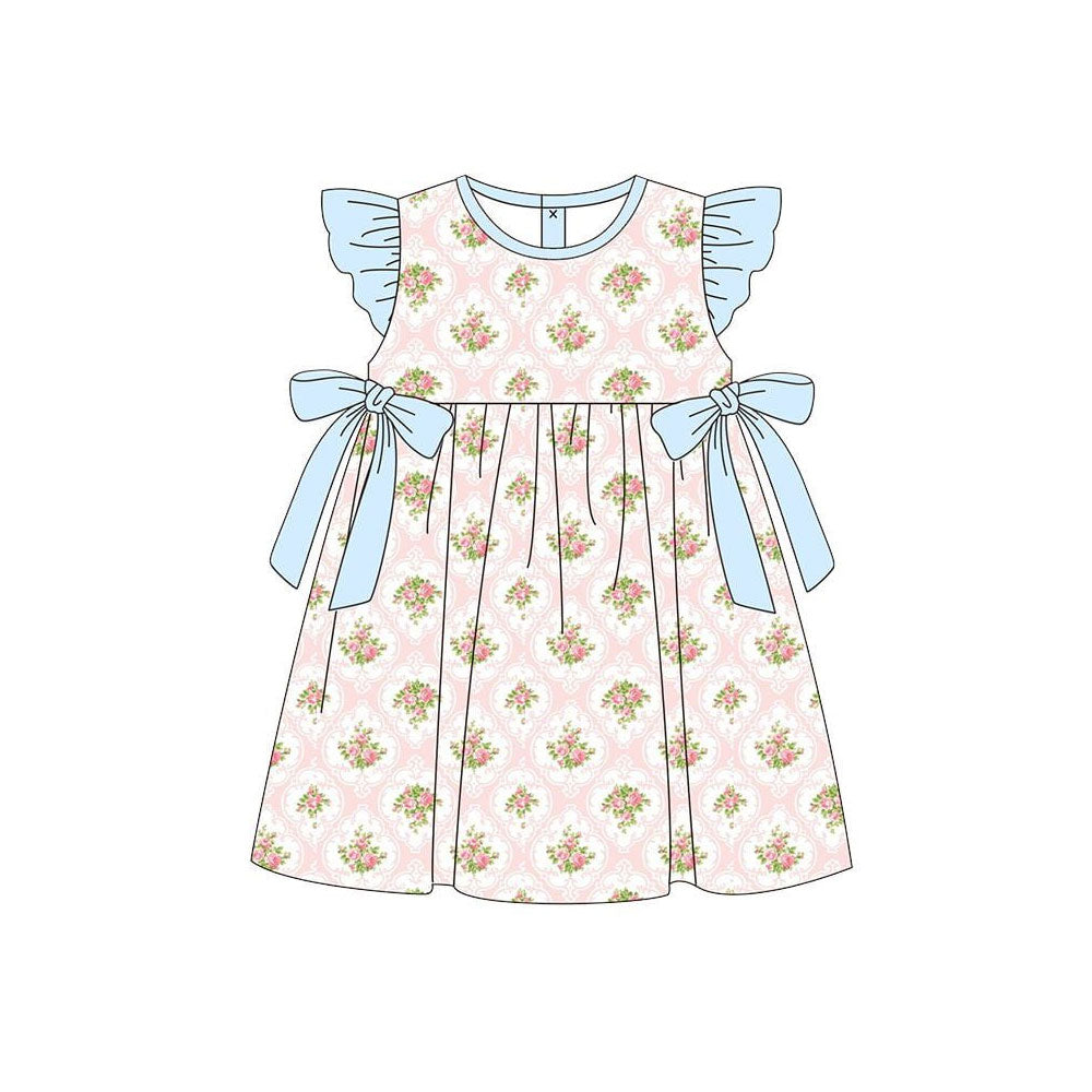 ( Moq 5 ) Preorder Baby Girls Kids Short Sleeves Floral Blue Bows Knee Length Dress