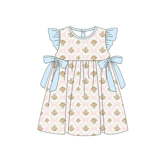 ( Moq 5 ) Preorder Baby Girls Kids Short Sleeves Floral Blue Bows Knee Length Dress