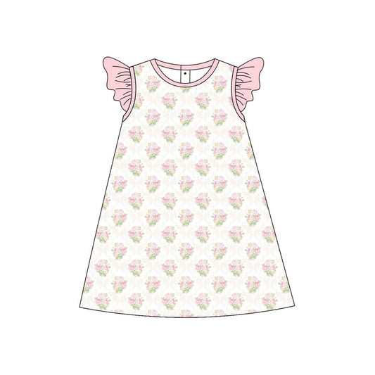 ( Moq 5 ) Preorder Baby Girls Short Sleeves Flowers Bows Knee Length Dress