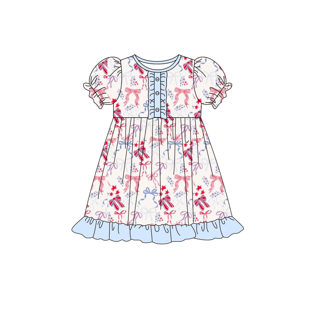 ( Moq 5 ) Preorder Baby Girls Kids Short Sleeves Bows Stars 4th of July Knee Length Dress