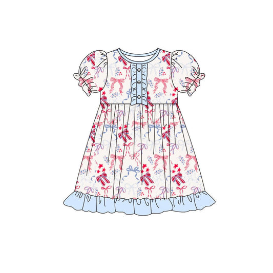 ( Moq 5 ) Preorder Baby Girls Kids Short Sleeves Bows Stars 4th of July Knee Length Dress