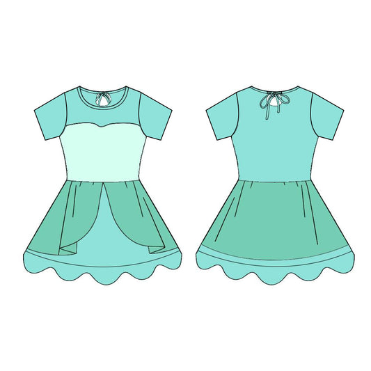 ( Moq 5 ) Preorder Baby Girls Kids Green Short Sleeves Princess Ruffle Knee Length Yoga Dress